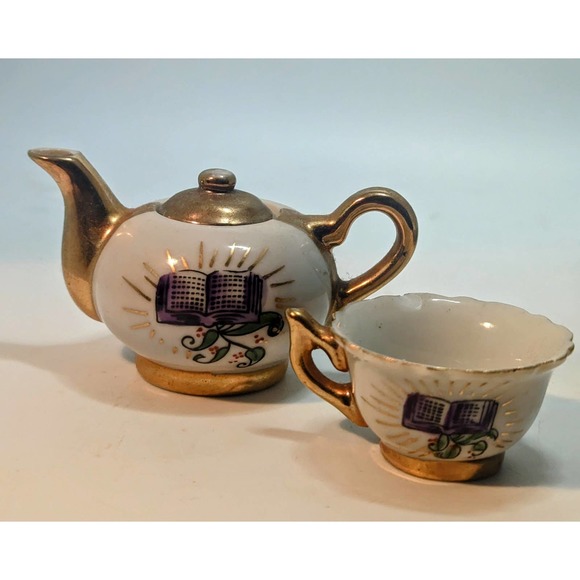 Miniature Teapot And Teacup Vintage Bible Print Religious Gold Plate Doll Teapot - Picture 4 of 7